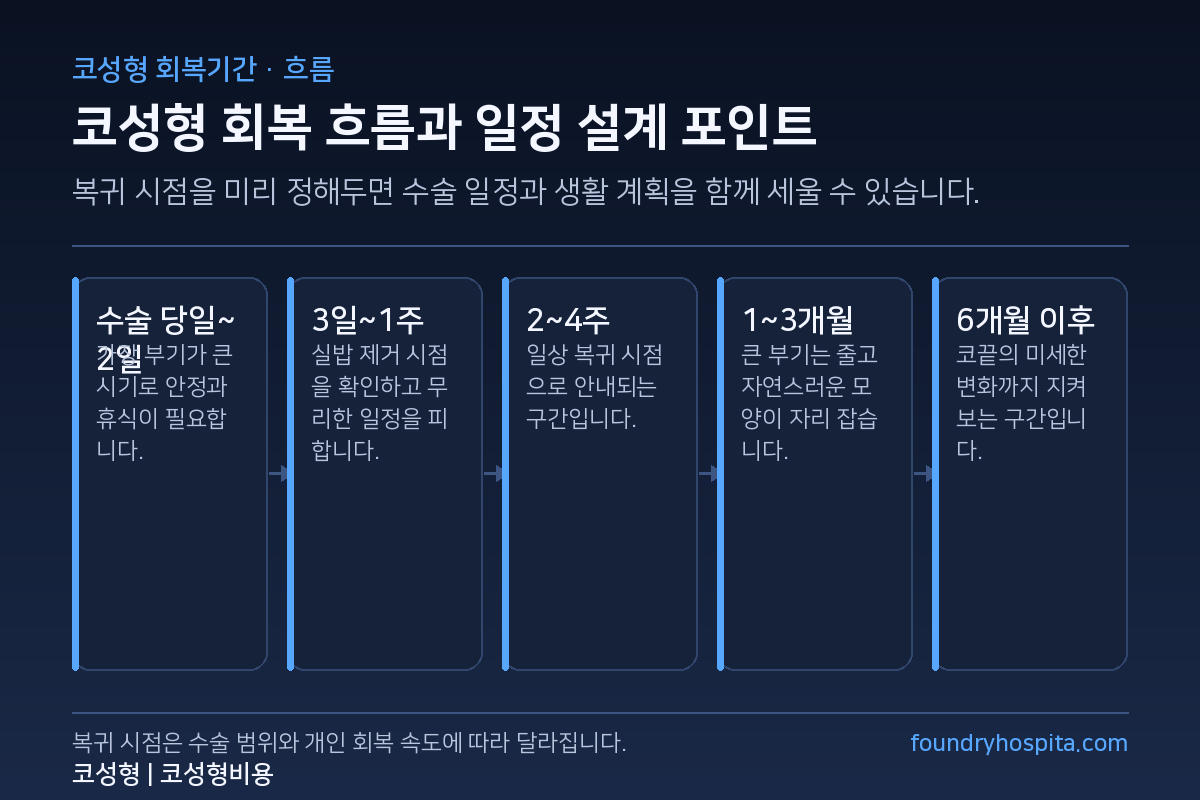 코성형 회복 흐름 - 수술 당일, 3일~1주, 2~4주, 1~3개월, 6개월 이후