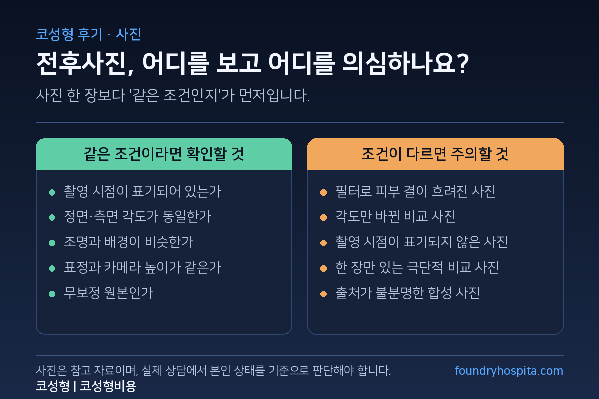 코성형 전후사진에서 같은 조건일 때 확인할 것과 조건이 다를 때 주의할 것